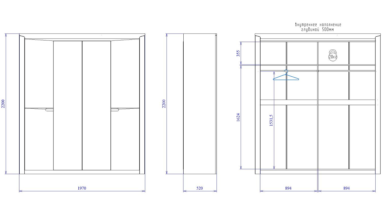 Шкаф 4-х дверный 2200 Prime, Гарда (1970*520*2200) Дуб Винтерберг, 12410