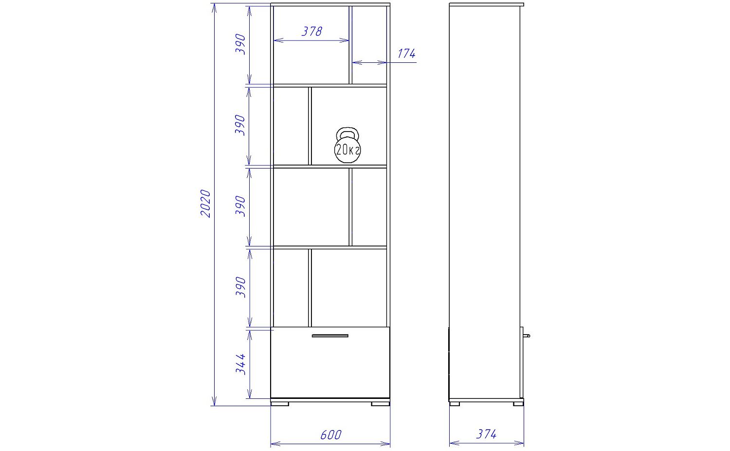 Стеллаж Д-11, Денвер (600*380*2020) Риббек серый, 31314
