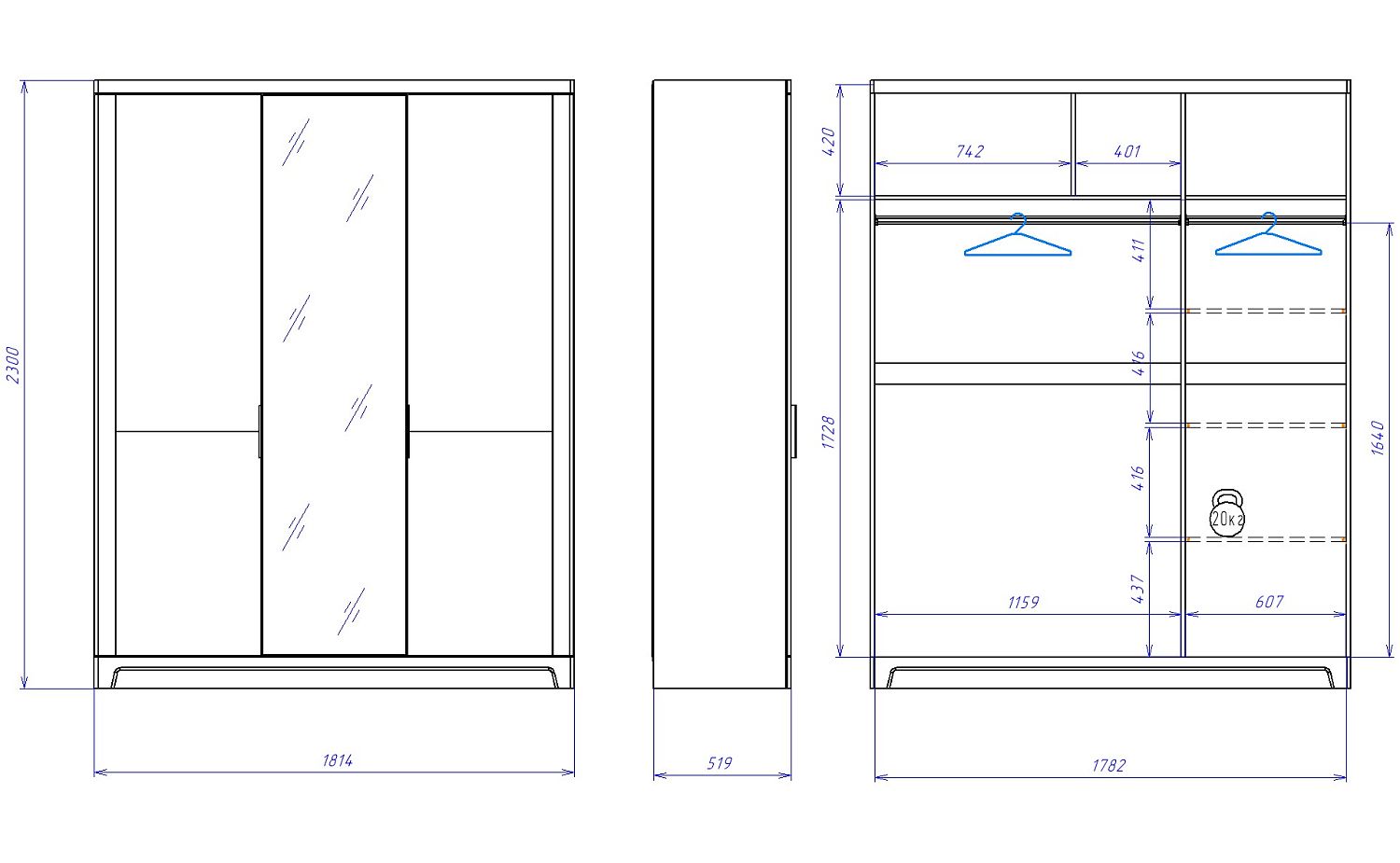 Шкаф 3-х дверный широкий зеркальный, Юта (1814*519*2300) Дуб Мария, 12215