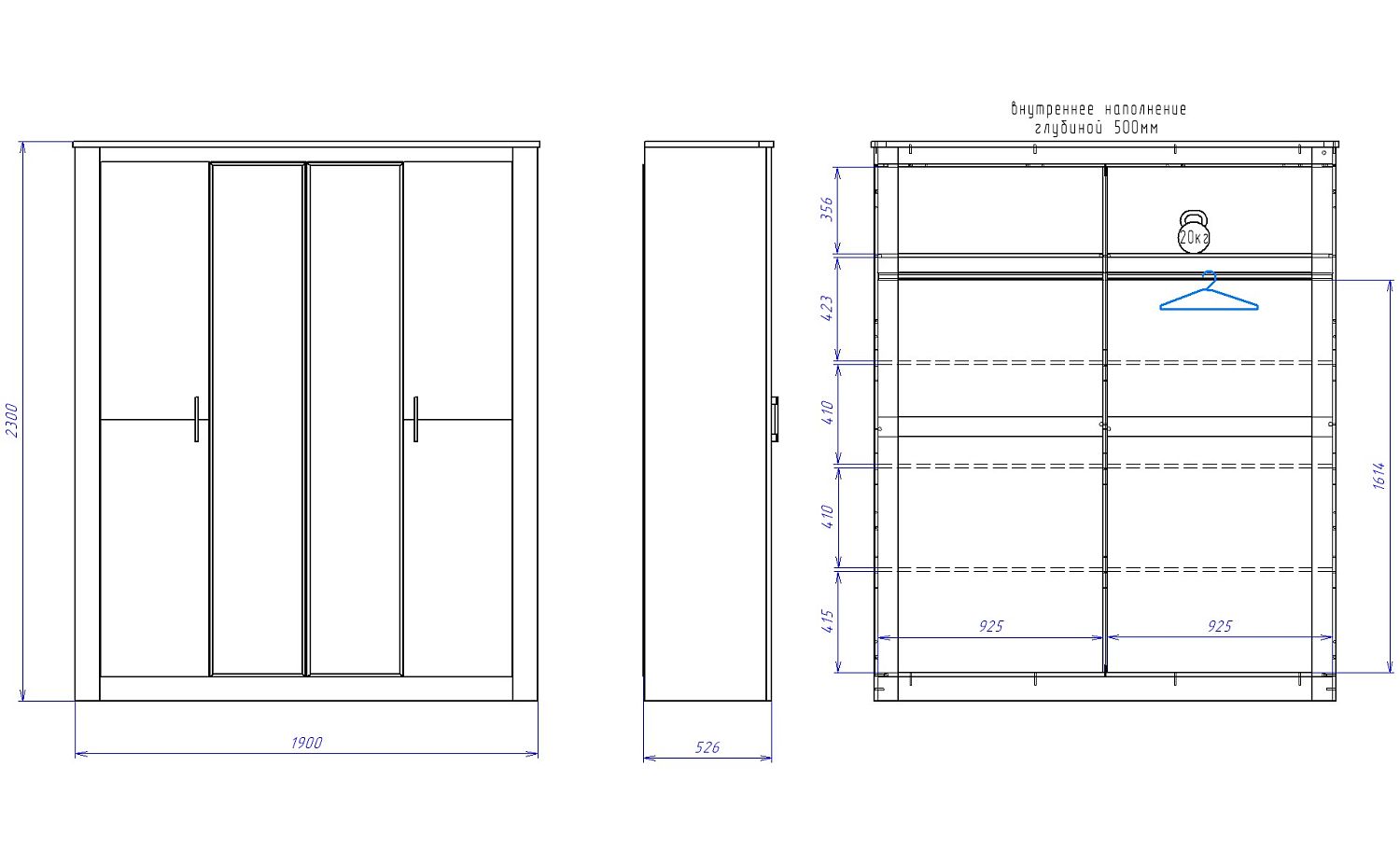 Шкаф 4-х дверный 2300, Денвер (1920*538*2300) Риббек серый, 11726