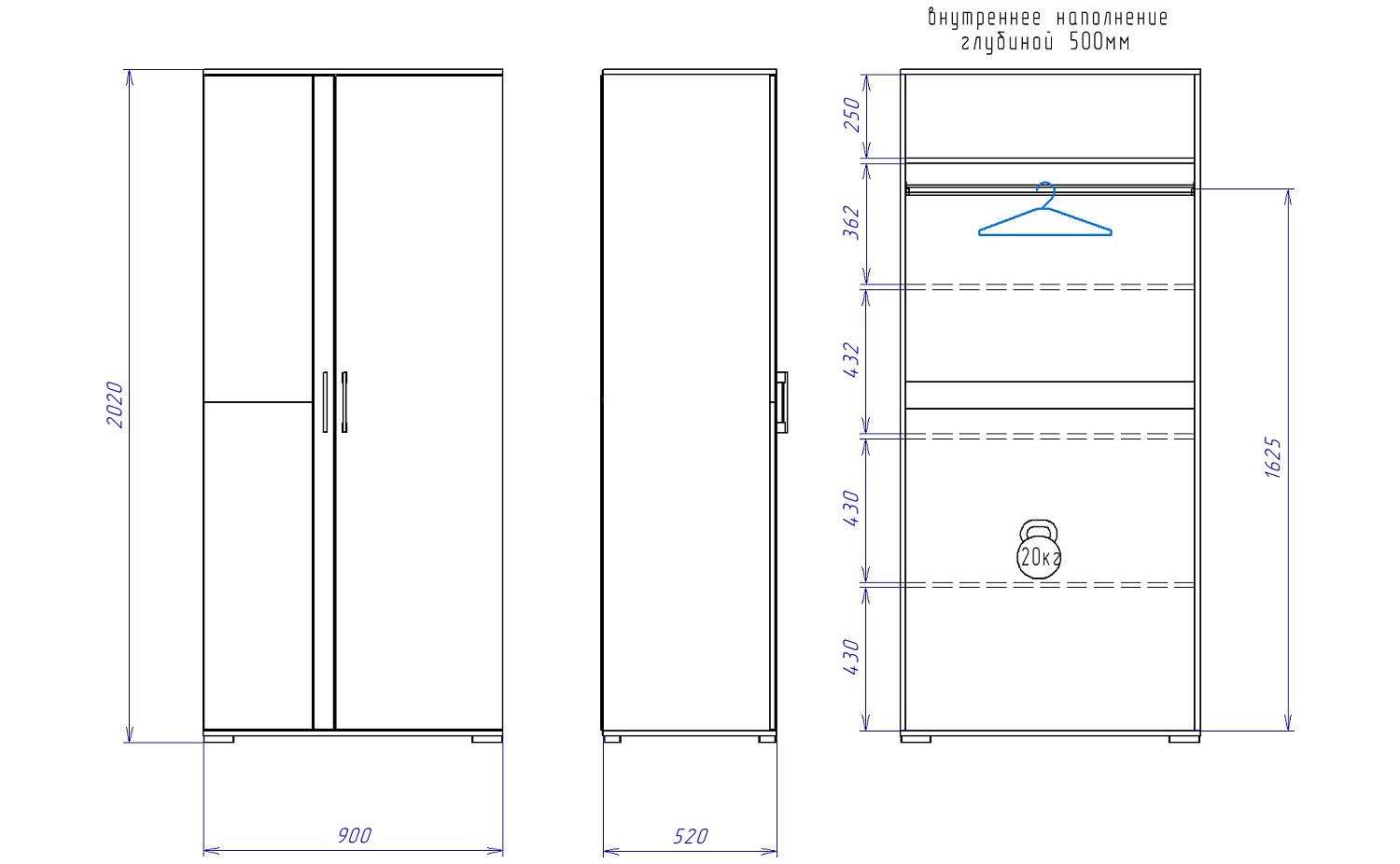 Шкаф Д-1 для одежды глубокий, Денвер (900*523*2020) Риббек серый, 31301