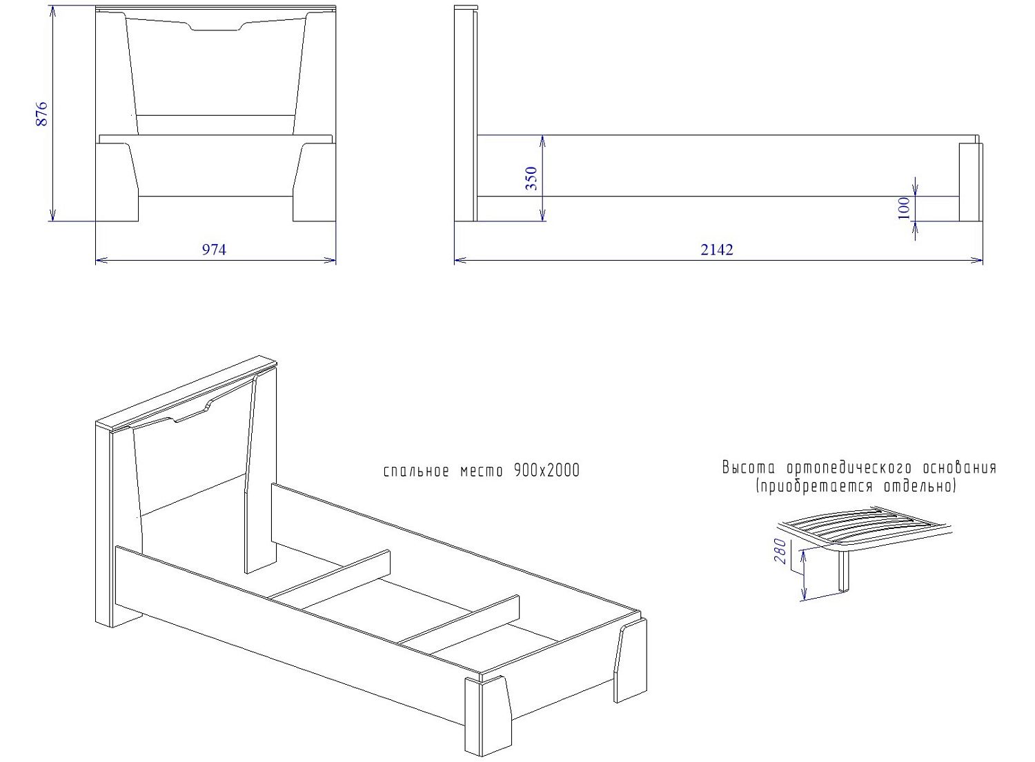 Кровать Люкс 900 Prime, Гарда (974*2142*876) Дуб Винтерберг, 12414