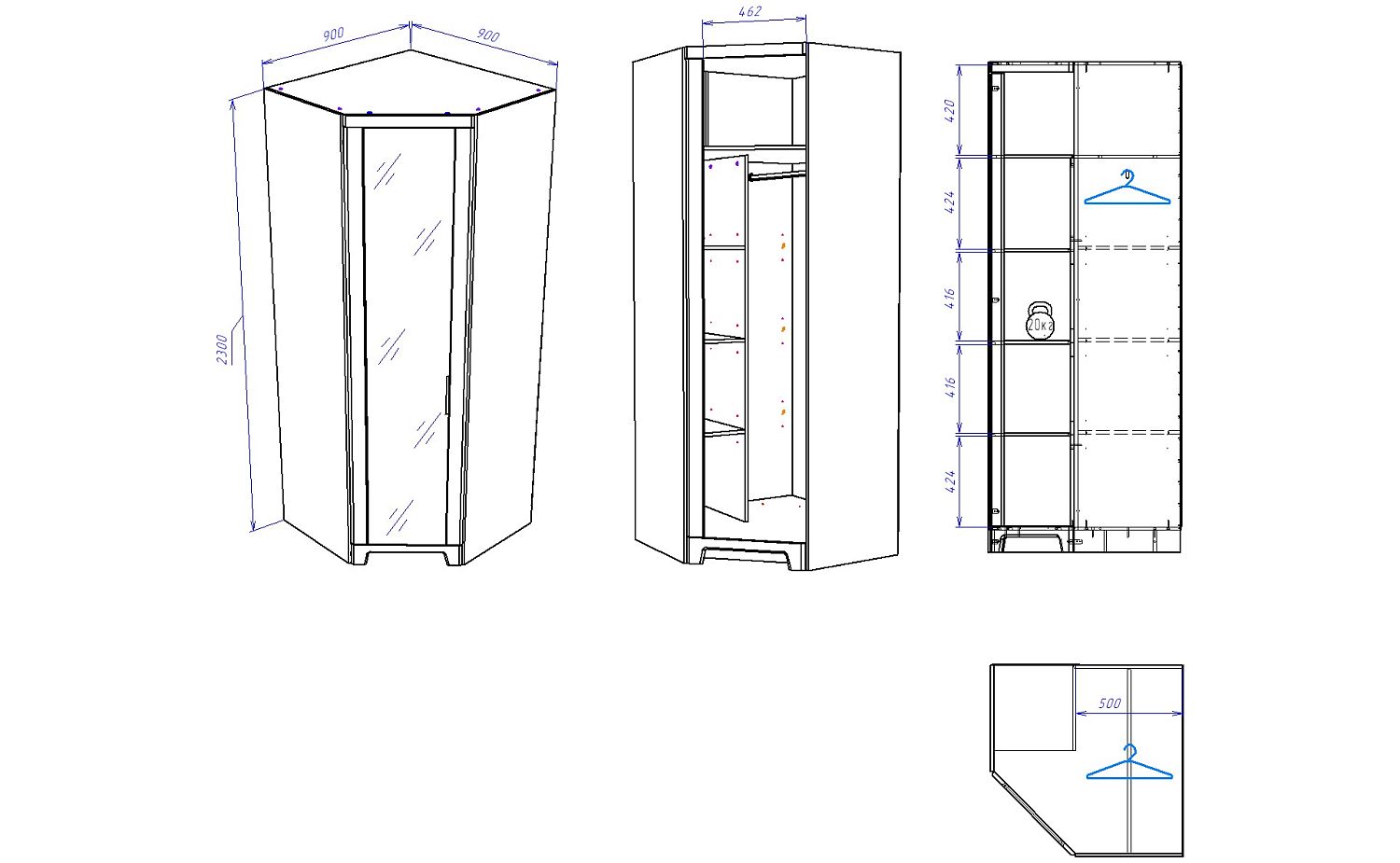 Шкаф угловой с зеркальной дверью, Юта (900*900*2300) Дуб Мария*