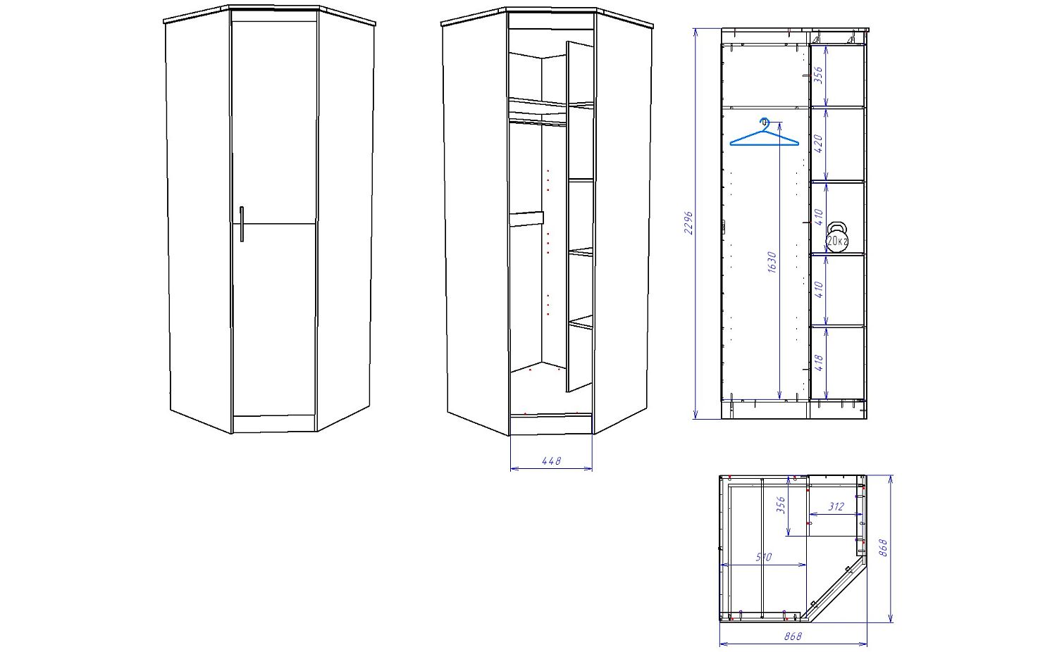 Шкаф угловой 2300, Денвер (879*879*2300) Риббек серый, 11731