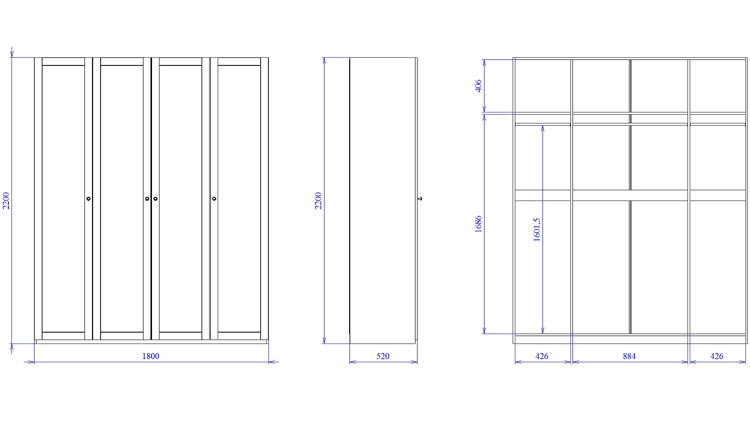 Шкаф 4-х дверный Фрея с зеркальными дверями (1800*503*2204), Белый