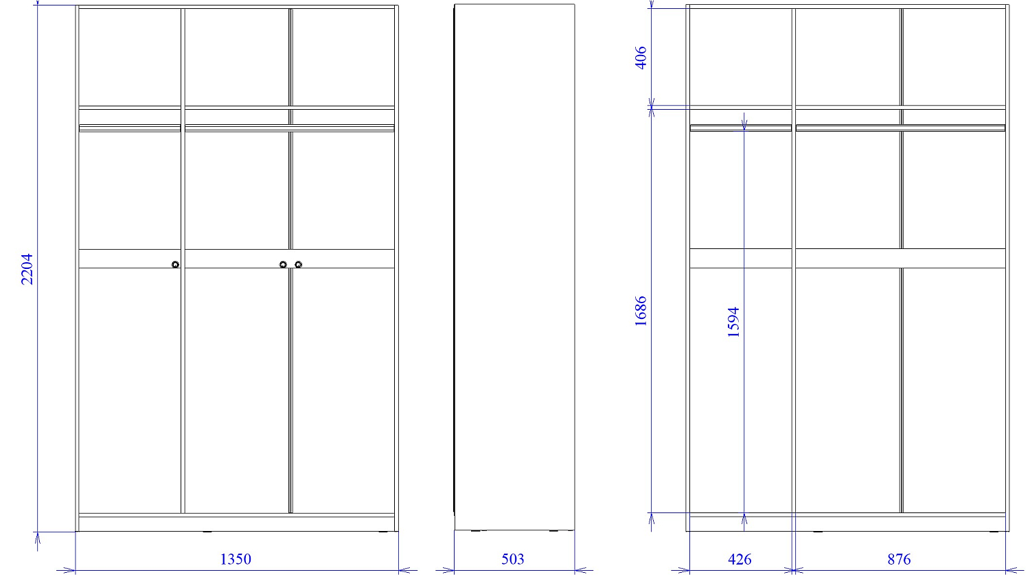 Шкаф 3 дверный с глухими дверями, Фрея (1352*503*2204) Белый