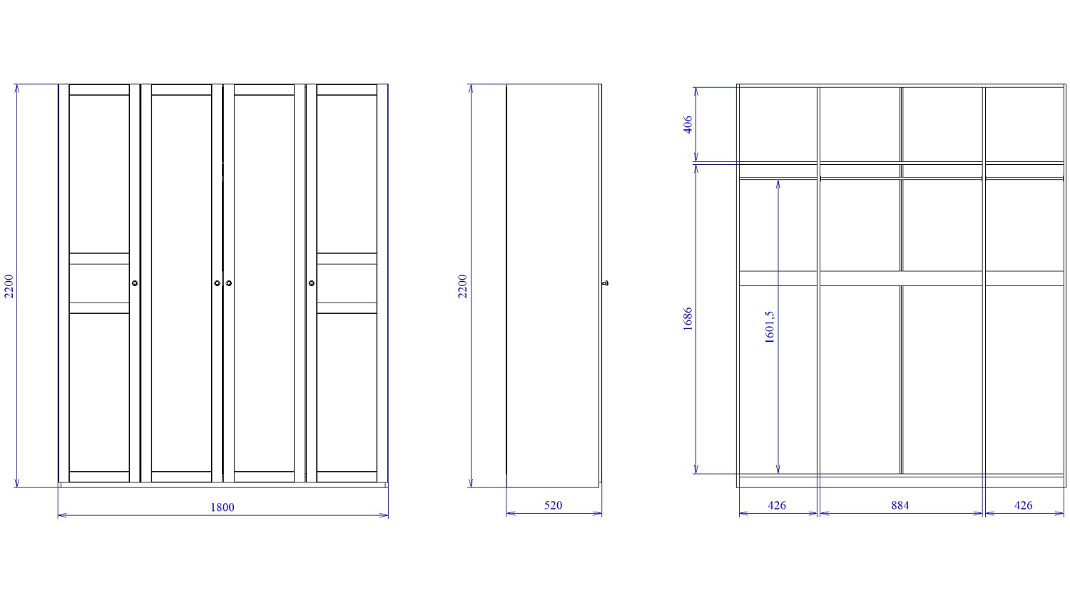 Шкаф 4-х дверный Фрея с комбинированными дверями (1800*503*2204), Белый
