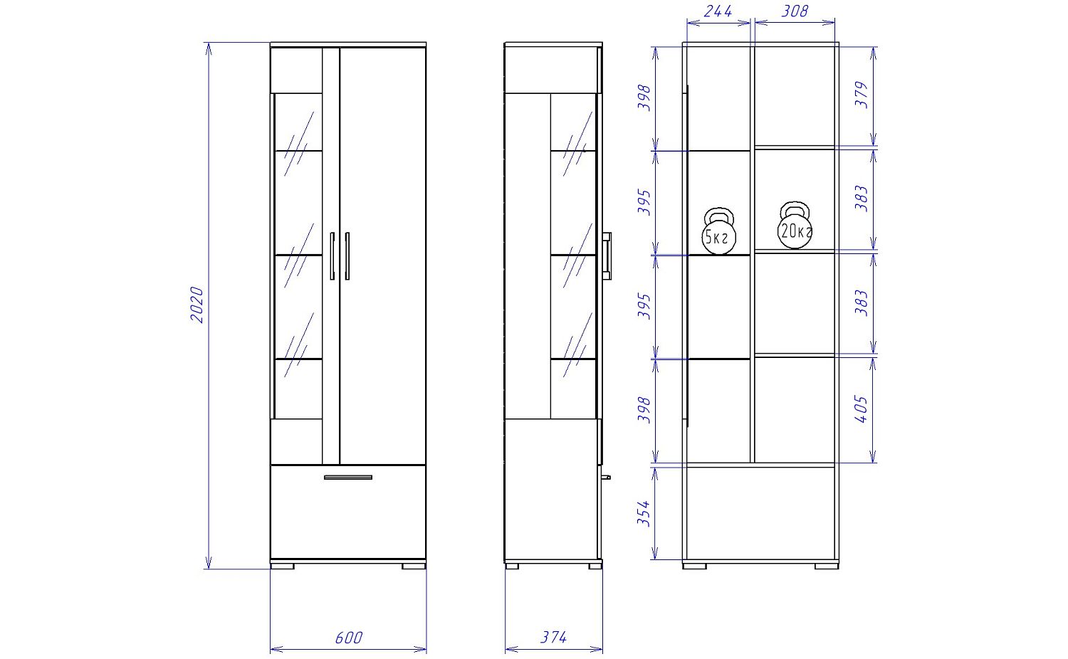 Пенал Д-3п со стеклом правый, Денвер (600*377*2020) Риббек серый, 31306