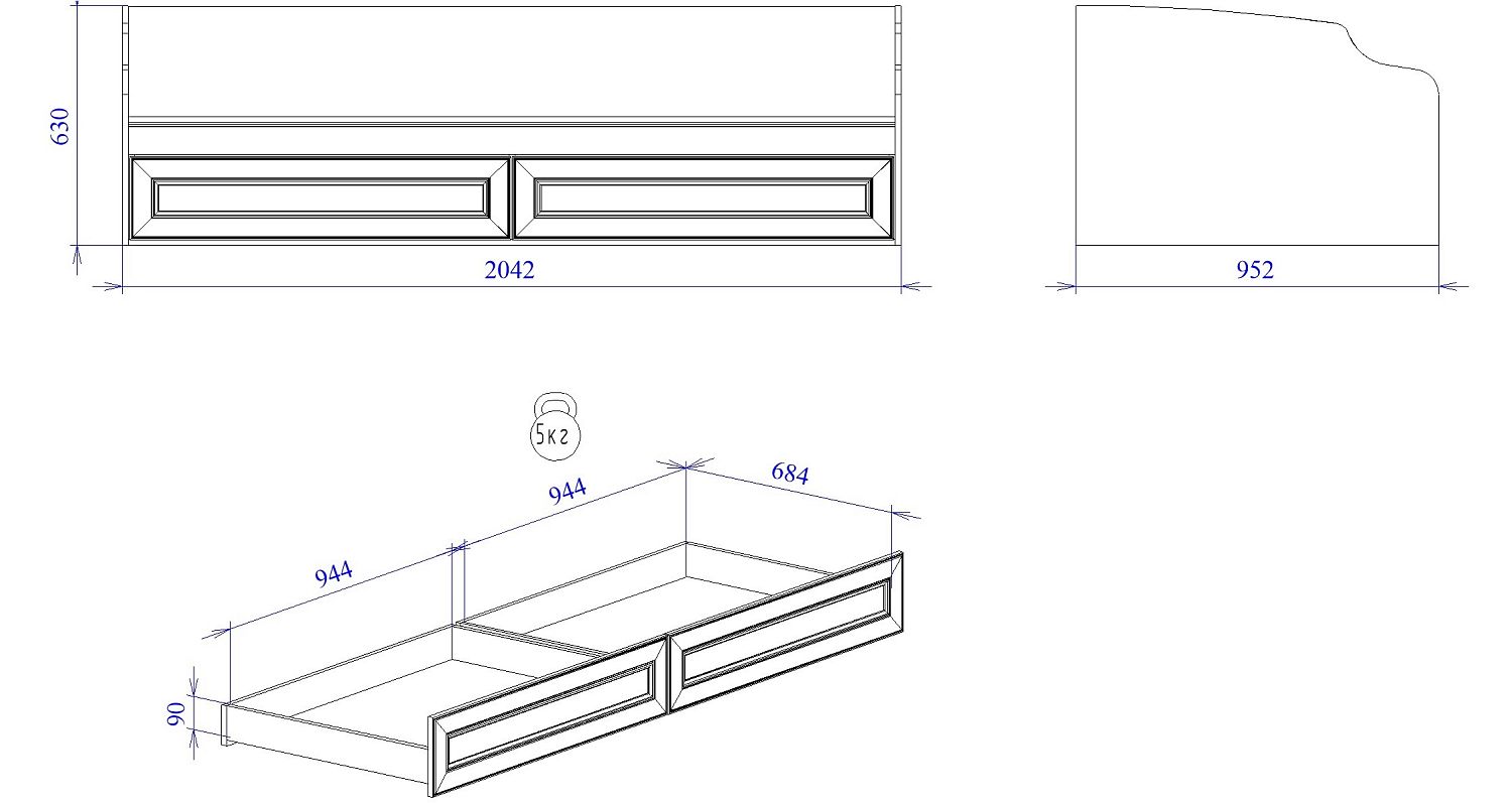 Кровать с ящиками, Сиена (2042*952*630) Береза бежевая, 12323