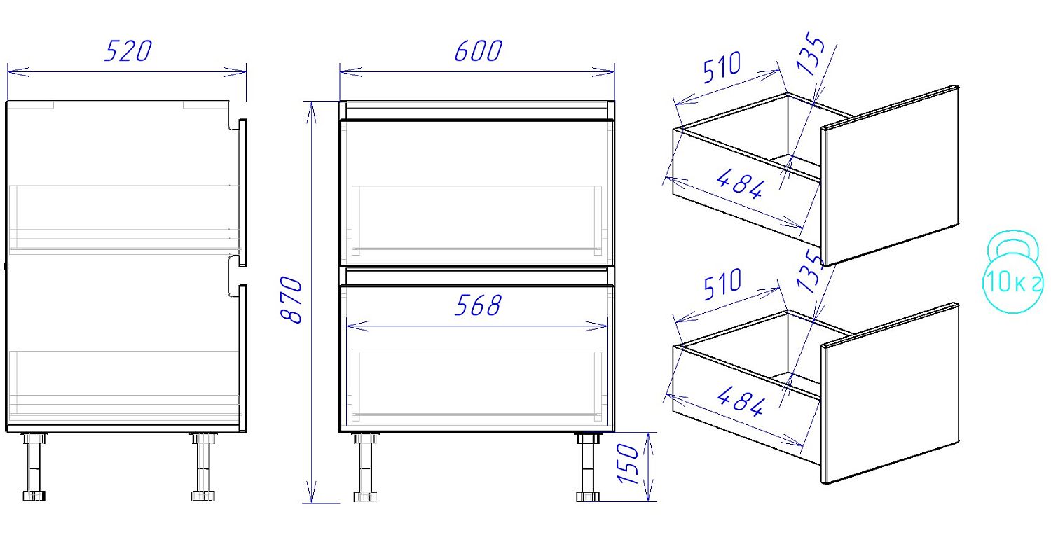 Стол с ящиками СЯ-60 (2), Женева (600*520*870) Дуб Палермо/Белый матовый, 22417