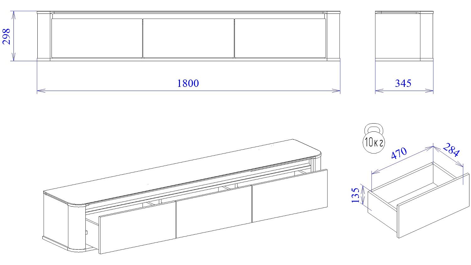 Тумба малая под ТВ, Лацио (1800*345*298) Серый камень, 30509