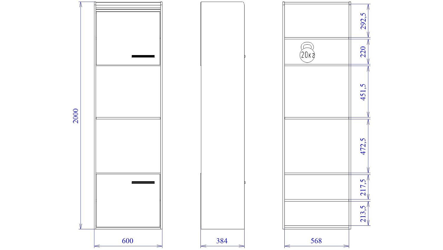 Пенал М-3 узкий, Мале (600*384*2000) Дуб галифакс белый, 31202