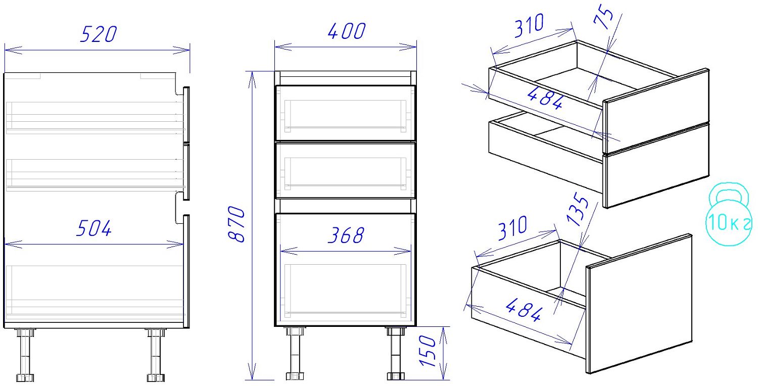 Стол с ящиками СЯ-40, Женева (400*520*870) Дуб Палермо/Синий матовый, 22516