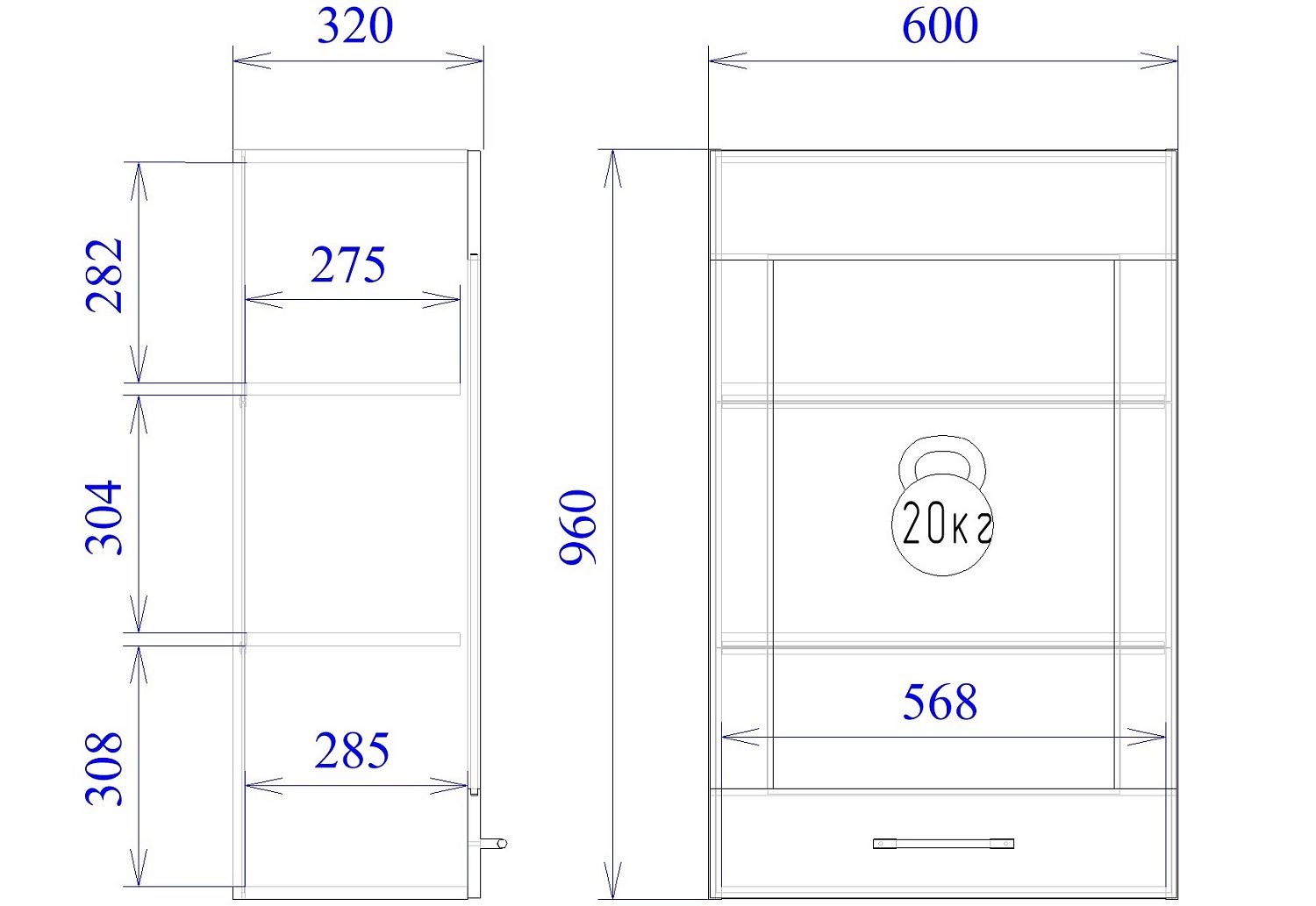 Шкаф 960 ШГ-60, Дублин (600*320*960) Дуб галифакс белый, 21655