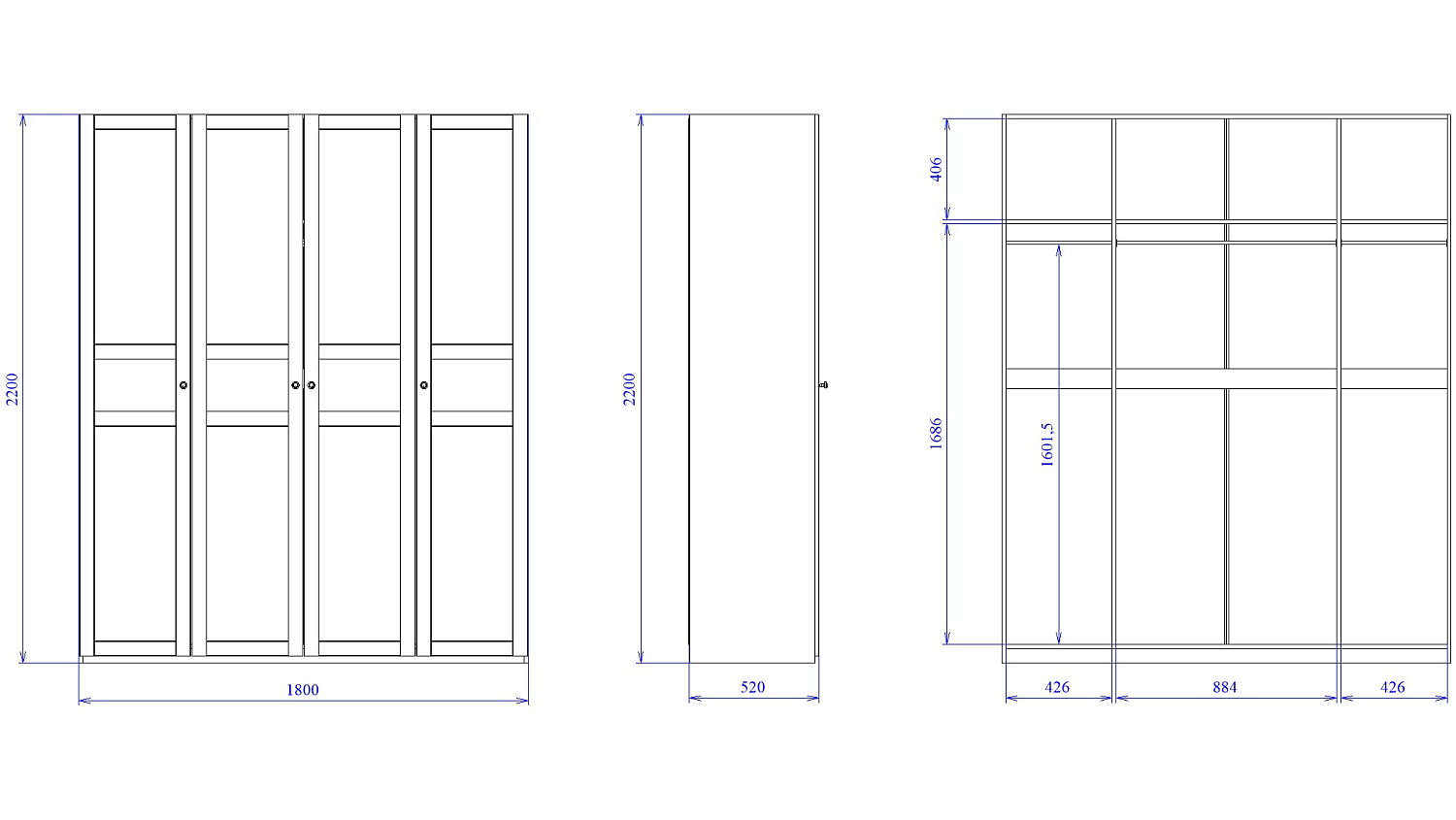 Шкаф 4-х дверный Фрея с глухими дверями (1800*503*2204), Белый