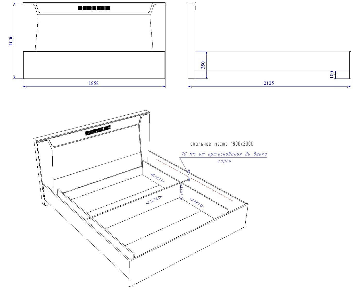 Кровать Люкс 1800 с подъемным механизмом, Мале (1860*2126*1000) Дуб галифакс белый