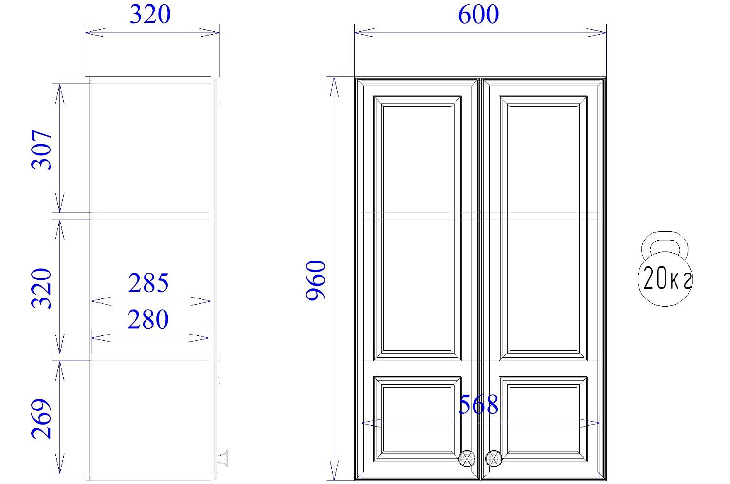 Шкаф ШГ-60, Бьянка (600*320*960) Белый, 21129