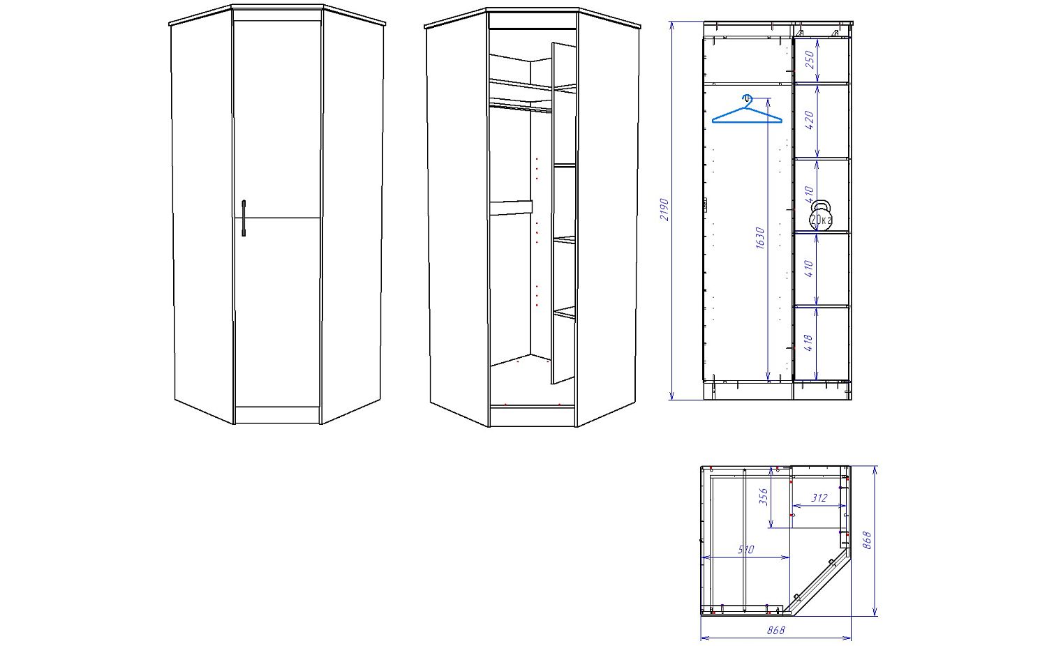 Шкаф угловой 2194, Денвер (879*879*2194) Риббек серый, 11730