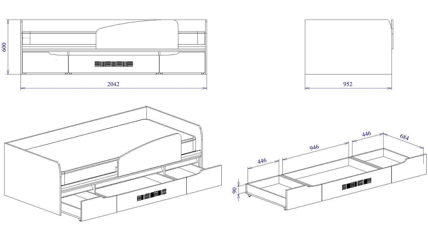 Кровать 900 с ящиками, Мале (2042*952*600) Дуб галифакс белый, 11226