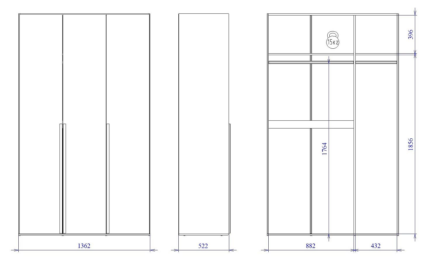 Шкаф 3-дверный (без дверей), Аврора (1362*522*2304) Дуб Мария/Кашемир, 12714