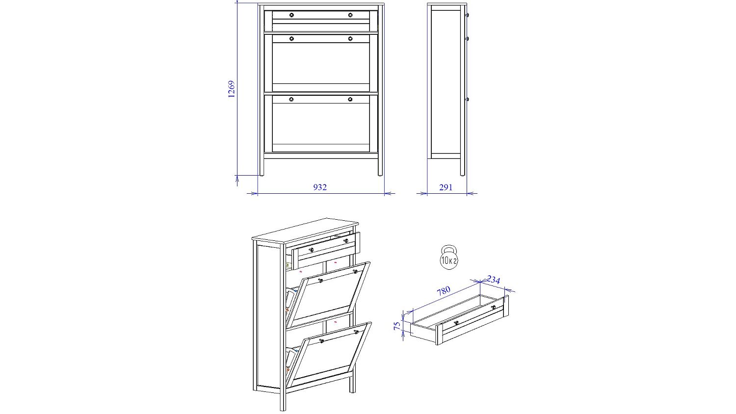 Тумба под обувь высокая, Фрея (932*291*1273) Белый, 50709