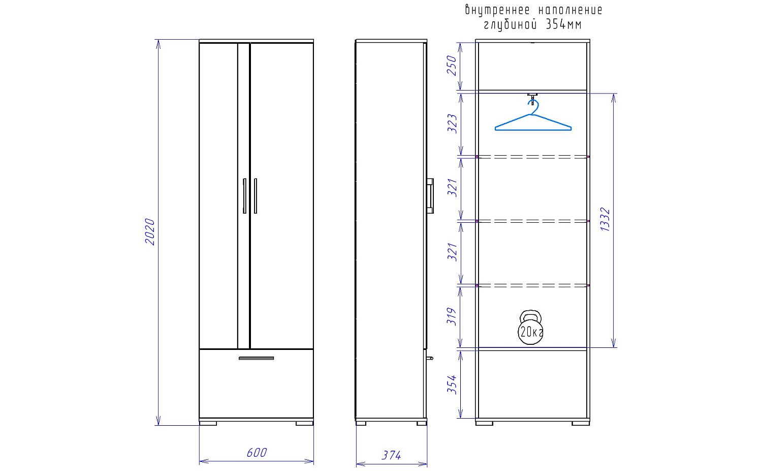 Шкаф Д-2 для одежды, Денвер (600*380*2020) Риббек серый, 31303