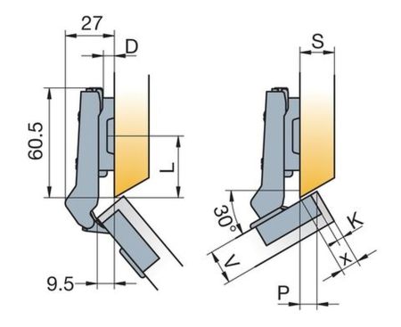 Петля мебельная Titus B-Type угловая 30 градусов 110/48/9 мм. Арт: 248-0G52-050-TL, 248-0G52-050-TL