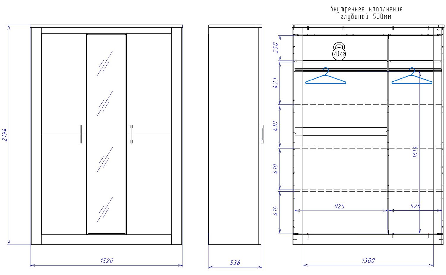 Шкаф 3-х дверный 2194, Денвер (1520*538*2194) Риббек серый, 11711
