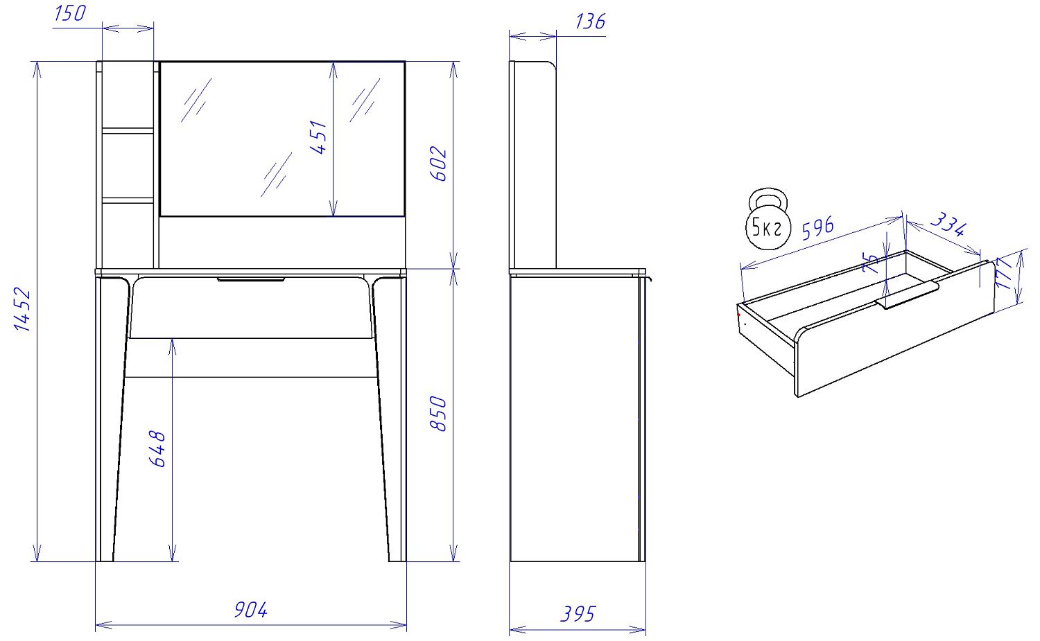 Столик туалетный, Юта (904*395*1452) Дуб Мария, 12218