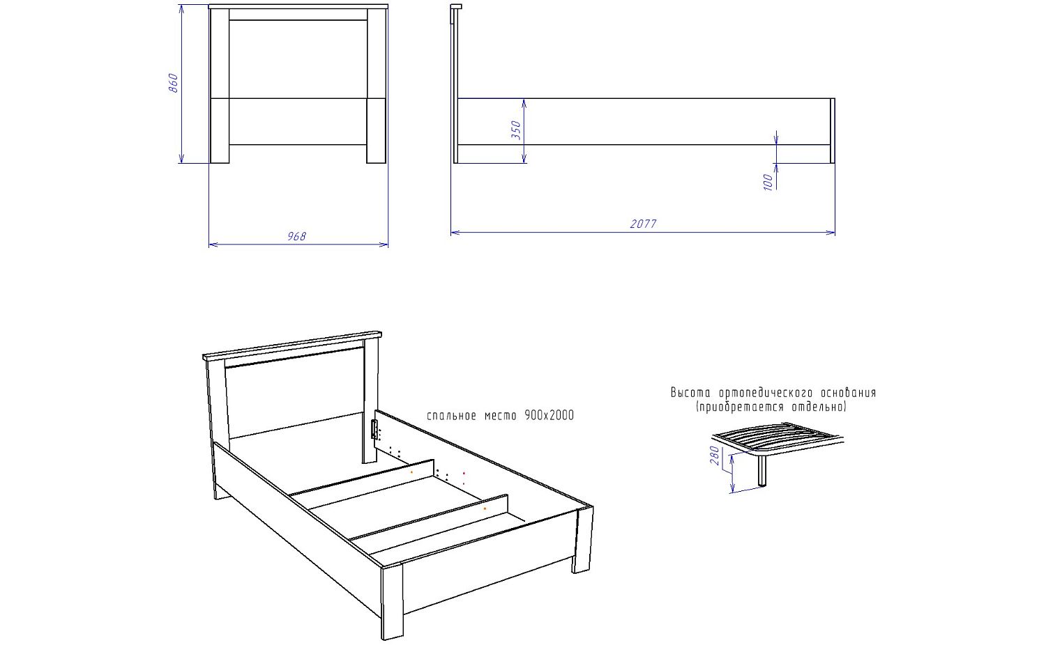 Кровать  900, Денвер (968*2077*860) Риббек серый, 11705