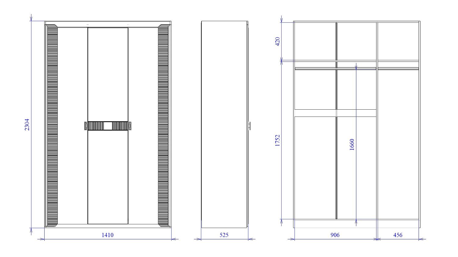Шкаф 3-дверный, Сиде (1410*523*2304) Белый, 12910
