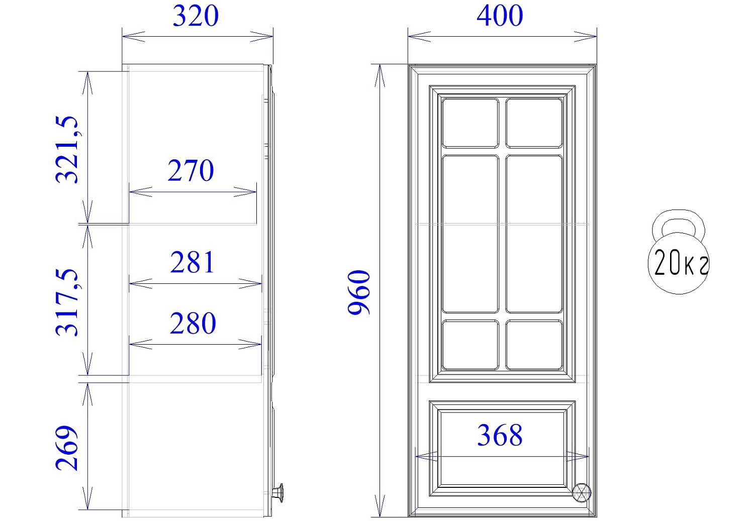 Шкаф со стеклом ШСТ-40, Бьянка (400*320*960) Белый, 21131