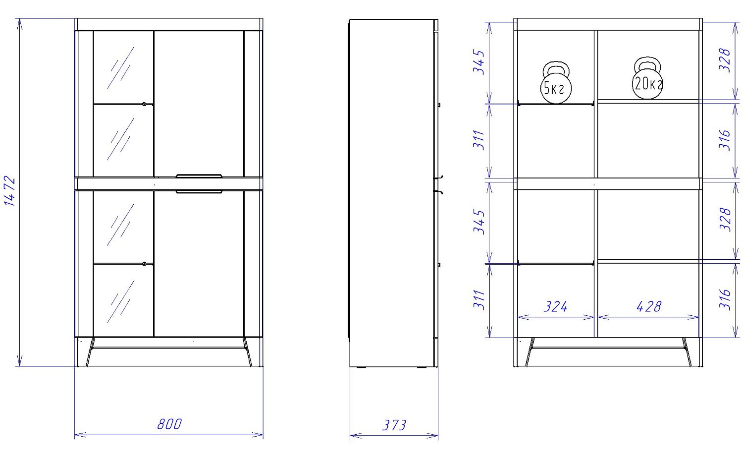 Пенал низкий со стеклом, Юта (802*373*1476) Дуб Мария, 31707