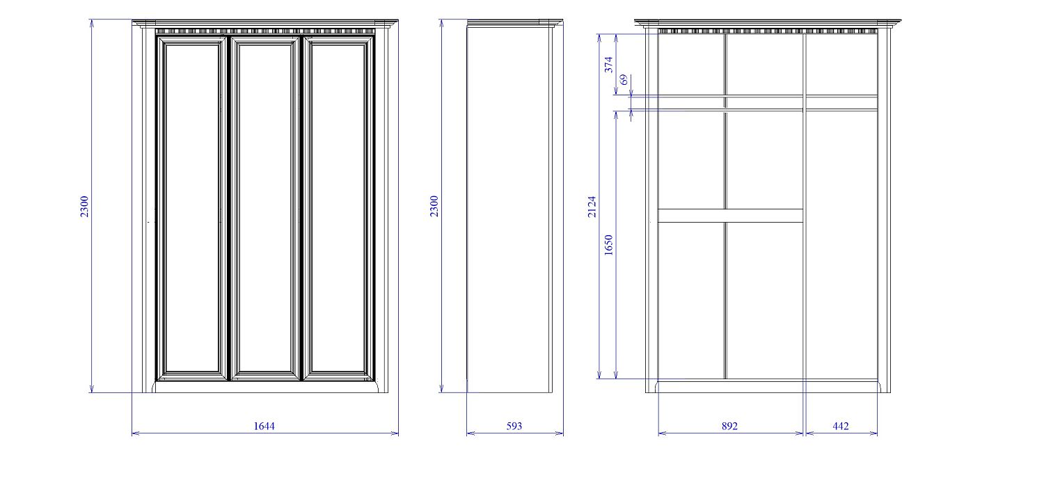 Шкаф 3-х дверный, Клер (1644*593*2300) Сосна Андерсен, 11907