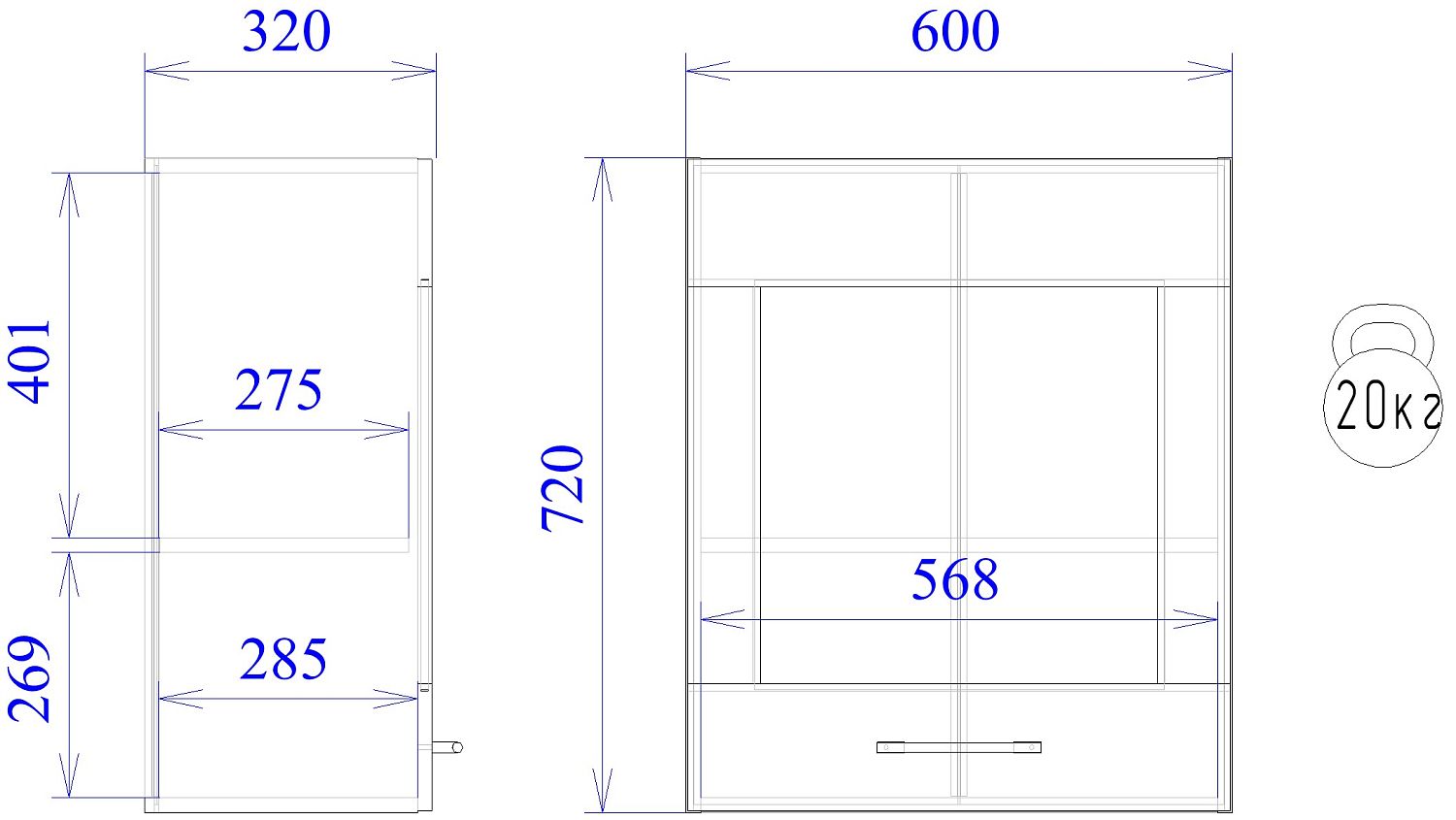 Шкаф под вытяжку (720) ШВ-60, Дублин (600*320*720) Дуб галифакс белый, 21636