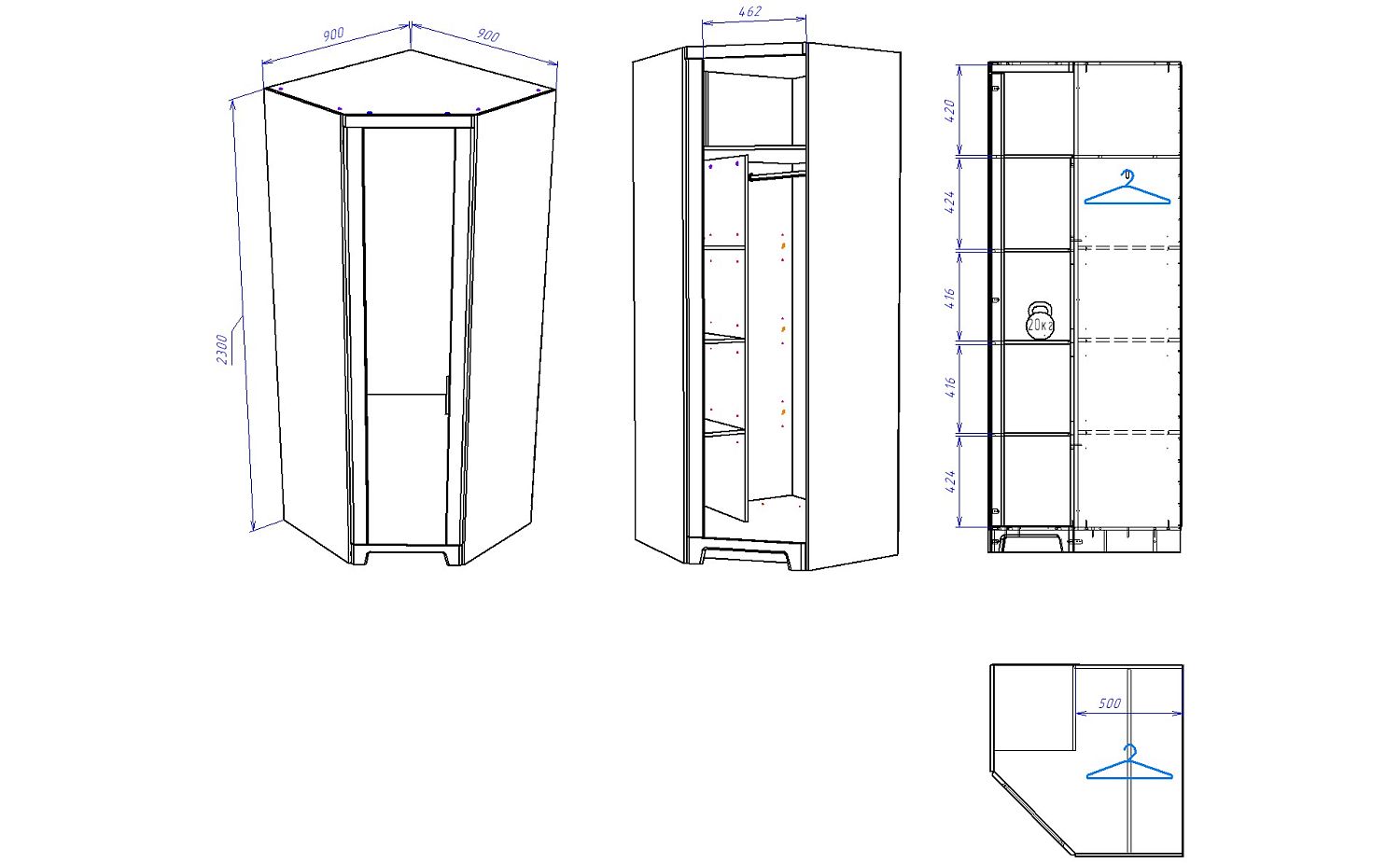 Шкаф угловой с глухой левой дверью, Юта (900*900*2300) Дуб Мария