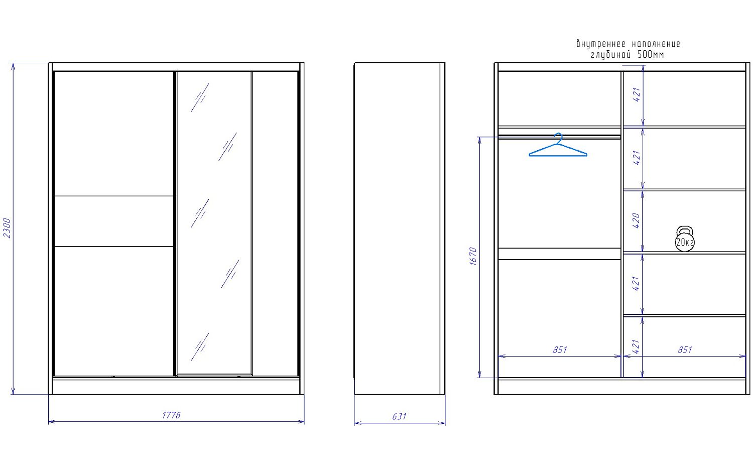 Шкаф-купе 2-х дверный 2300, Денвер (1778*631*2300) Риббек серый, 11727