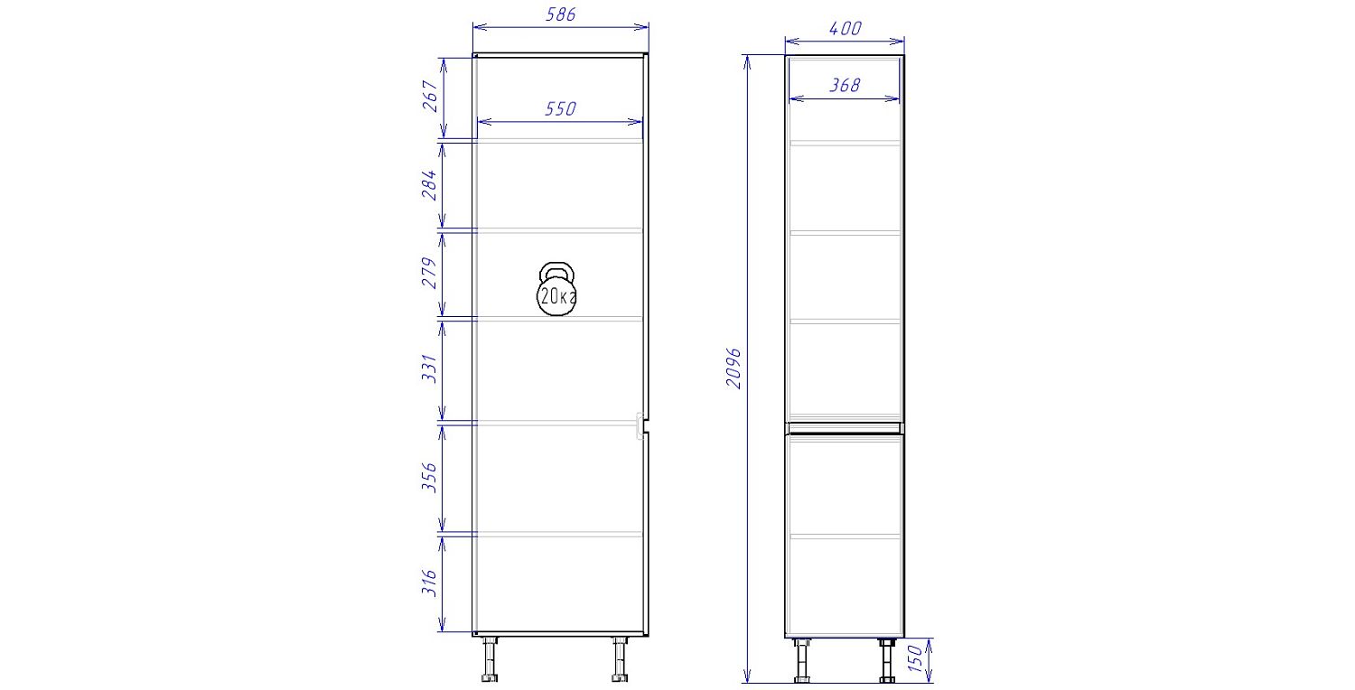 Пенал ПГ-40В, Женева (400*586*2456) Дуб Палермо/Синий матовый, 22533