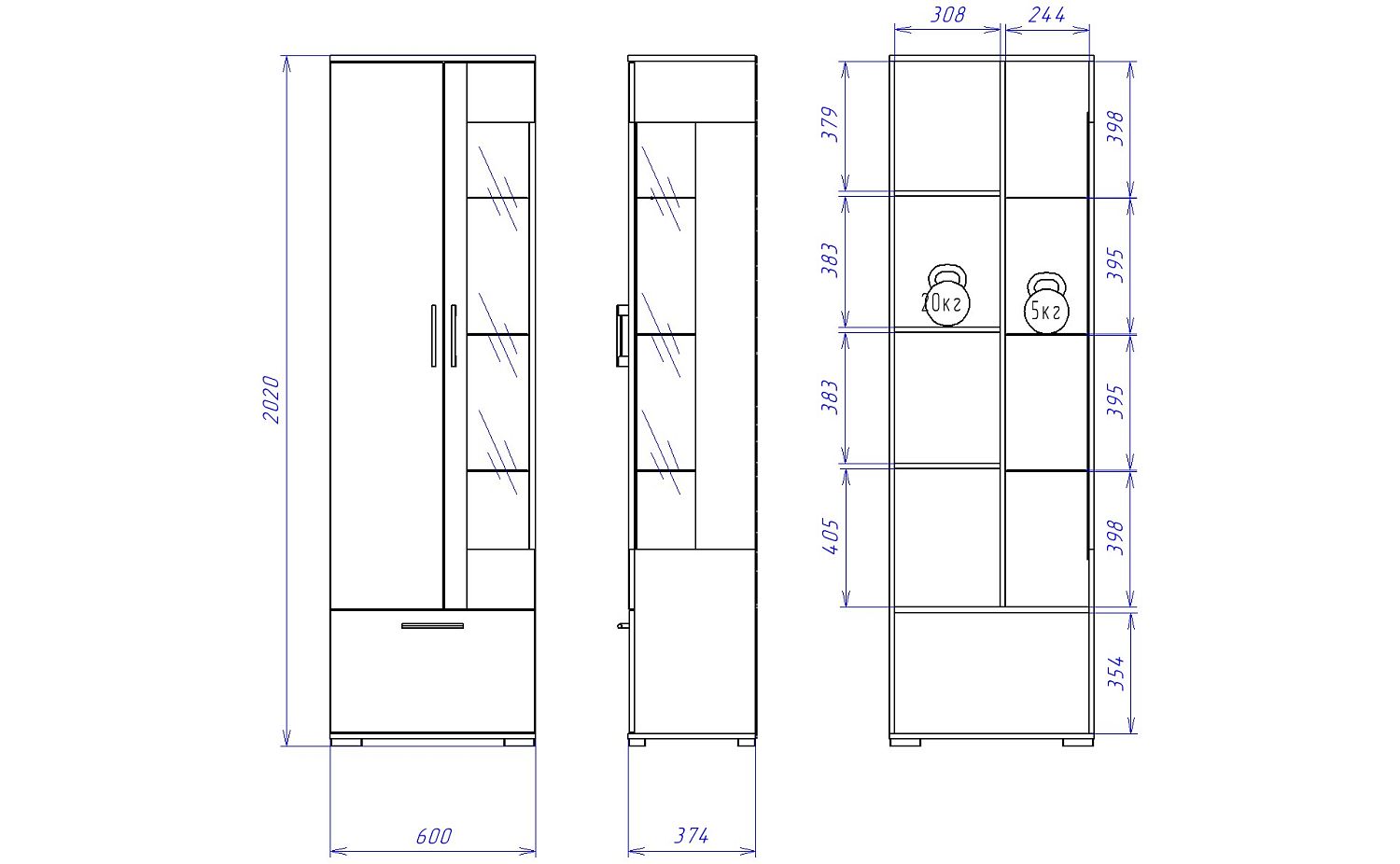 Пенал Д-3л со стеклом левый, Денвер (600*377*2020) Риббек серый, 31305