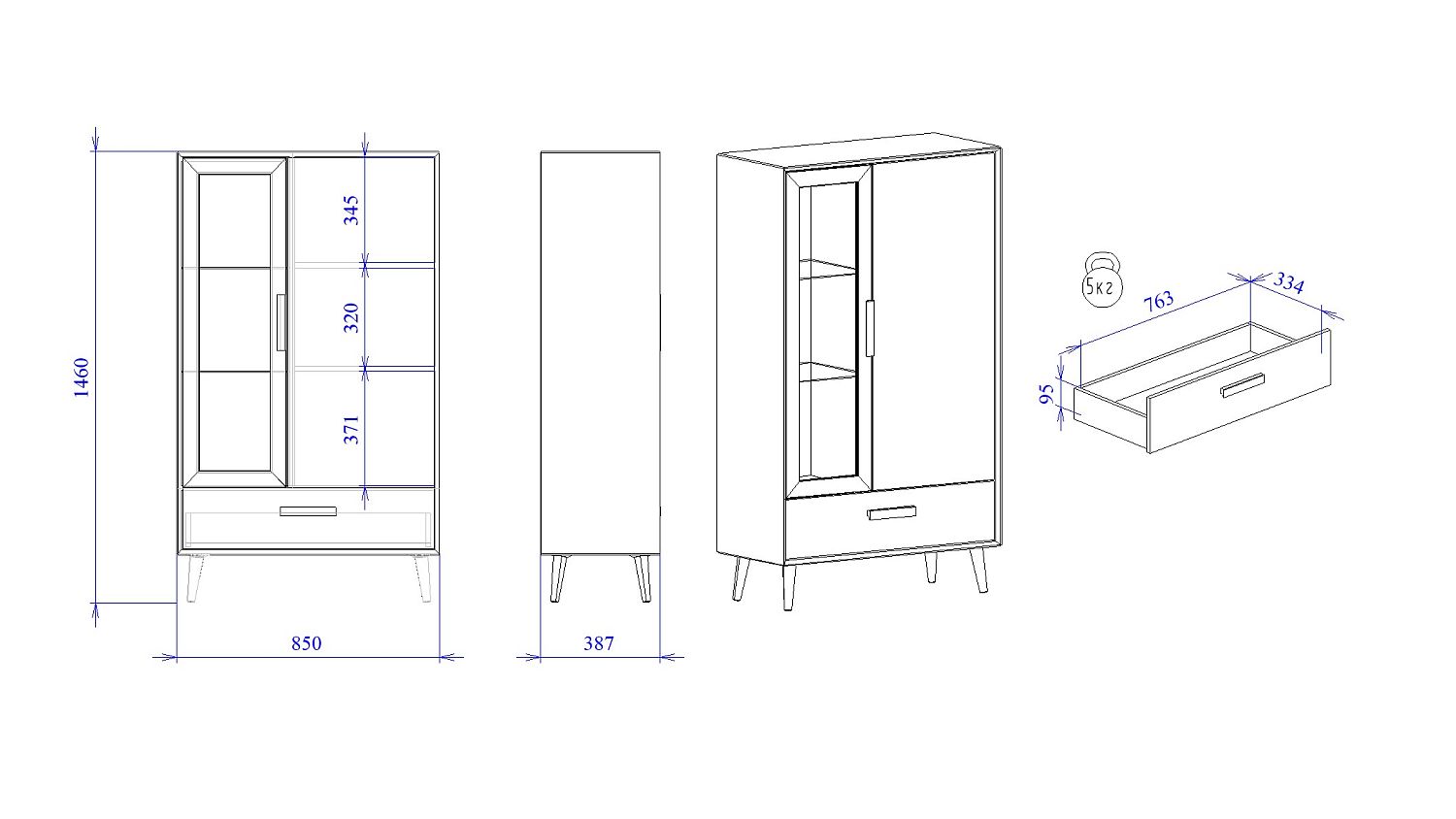 Пенал со стеклом низкий, Аврора (854*387*1465) Дуб Мария/Кашемир, 32102