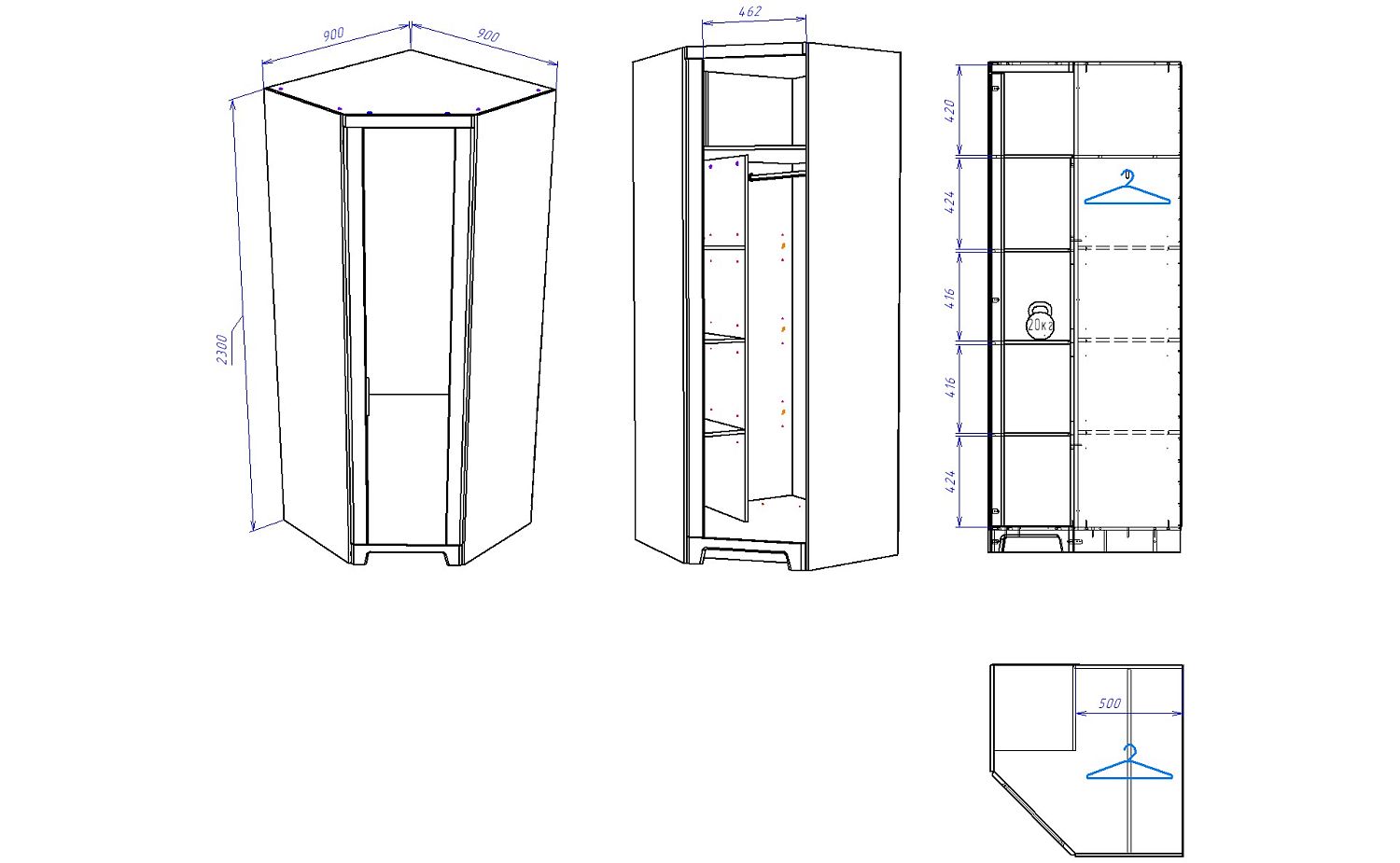 Шкаф угловой с глухой правой дверью, Юта (900*900*2300) Дуб Мария