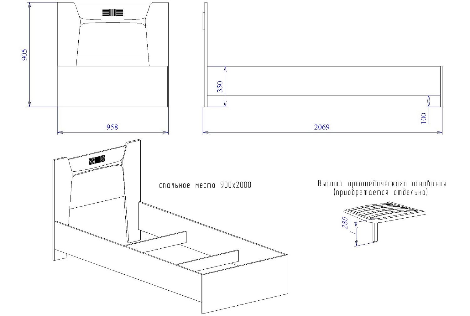 Кровать  900, Мале (958*2069*905) Дуб галифакс белый, 11205